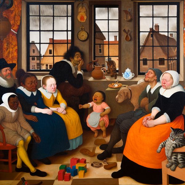 Groep mensen in een gezellig huis bij het raam, kijkend naar regen, met typisch Jan Steen details.