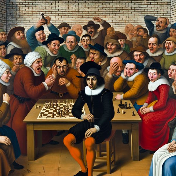 Jan Steen-stijl Schaaktoernooi Tweede Plaats Jonge man bij een schaaktoernooi in tweede plaats, omringd door levendige toeschouwers