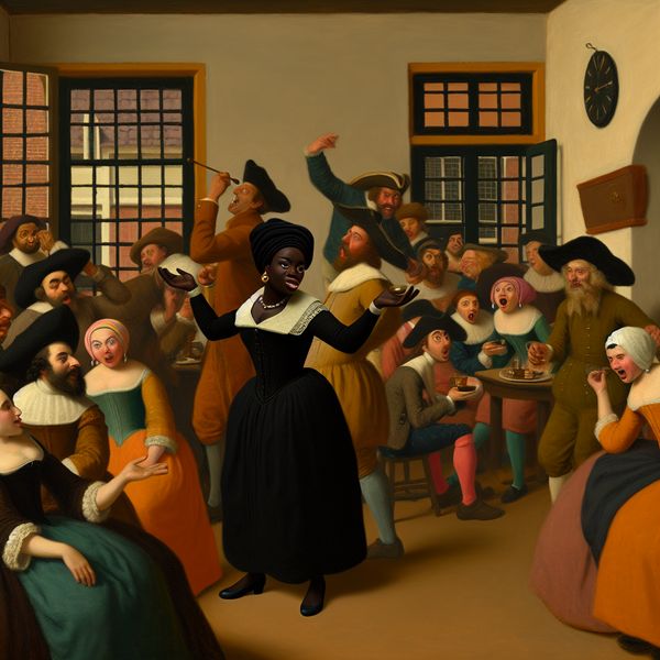 Een Luchtige Jan Steen-Scène: Vrouw Spreekt Vrijmoedig Een vrouw staat zelfverzekerd in het midden van een drukke kamer, omringd door levendige karakters in een Jan Steen-stijl scène.