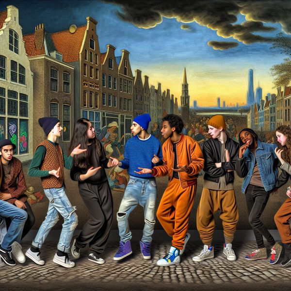 Jonge mensen en straatcultuur in graffiti Een levendige straattaferelen met diverse jonge mensen die in gesprek zijn, omringd door kleurrijke graffiti.