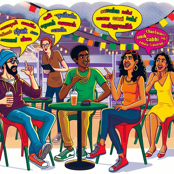 Diverse jongeren in gesprek met informele taal bij buiten café Illustratie van een levendige bijeenkomst van diverse jonge mensen bij een kleurrijk buiten café, met gebaren en spraakballonnen gevuld met speelse slang