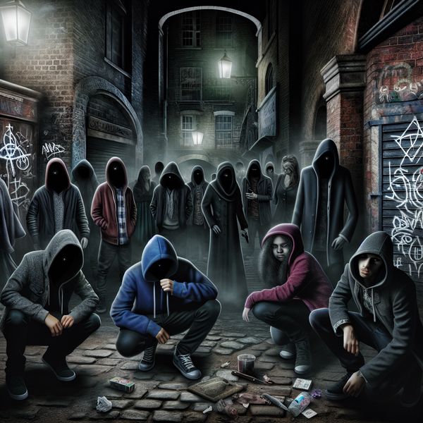 Donkere stedelijke steeg met een groep jonge criminelen in hoodies onder flikkerende straatverlichting, symboliserend jeugdbendes en georganiseerde misdaad