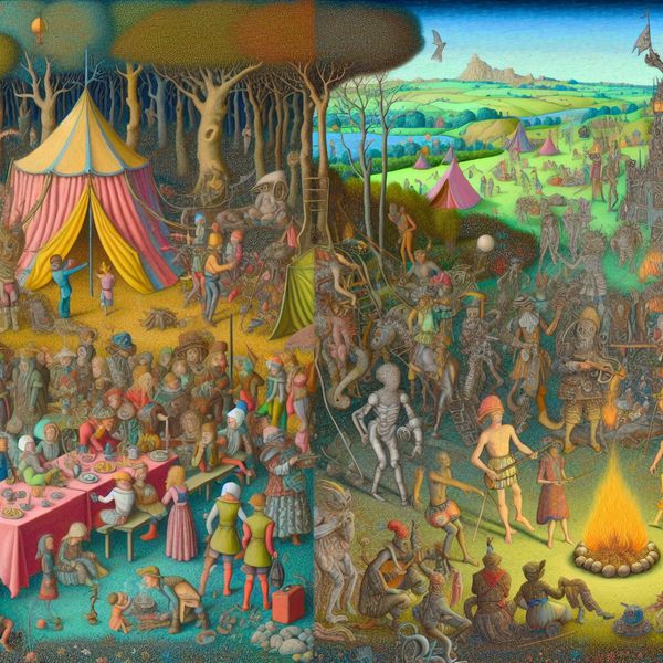 Jeugdkamp Voor Jongeren: Een Surrealistische Verkenning Surrealistische afbeelding van een jeugdkamp met diverse jongeren die leren en socialiseren met bizarre wezens in een kleurrijke omgeving.