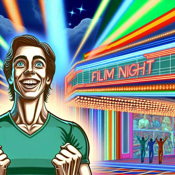 Verlangen naar bioscoopavond met vrienden Jonge persoon met een blije uitdrukking voor een verlicht bioscoopgebouw met het opschrift 'Film Night', wachtend op vrienden.