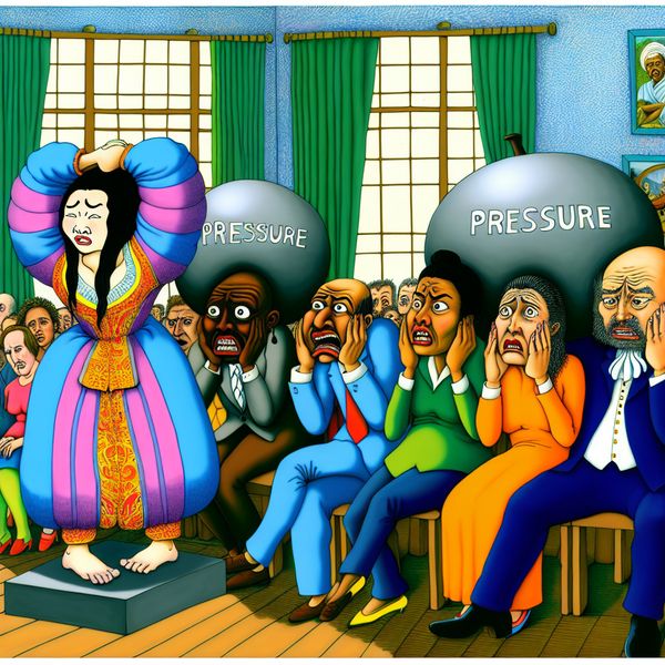Stressvolle presentatie met intensiteit in cartoonstijl Cartoon van een jonge vrouw die zichtbaar gestrest is tijdens een presentatie voor een publiek. Haar schouders zijn belast met grote gewichten aangeduid met 'druk'.
