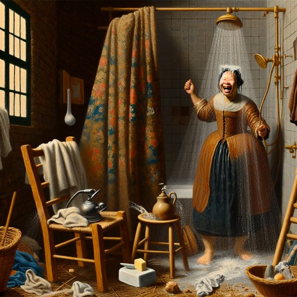 Vrolijke Nederlandse huishoudenscène in de stijl van Jan Steen met een persoon die zich onder een douche wast, omringd door alledaagse details zoals stoom, een handdoek en zeep