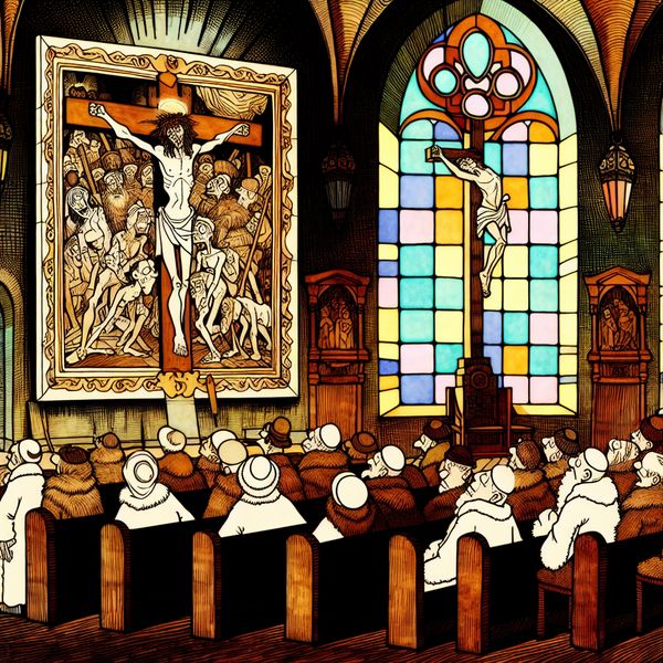 Jezus aan het kruis in kerkinterieur - christendom en geloof in cartoonstijl Karikatuur van een kerkinterieur met gelovigen die eerbiedig opkijken naar een groot schilderij van Jezus aan het kruis, in de stijl van Marten Toonder