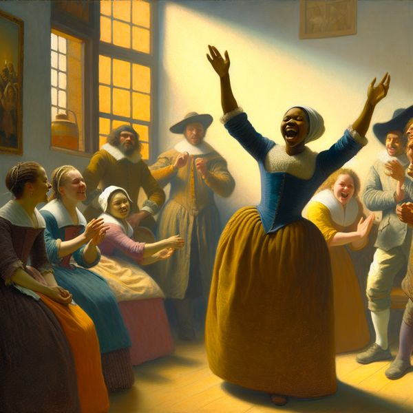 Joe uitroep enthousiasme motivatie groep mensen Vermeer schilderij Groep mensen in zonovergoten kamer die enthousiast 'Joe!' roept tijdens een vrolijk moment van aanmoediging en motivatie in Vermeer-stijl
