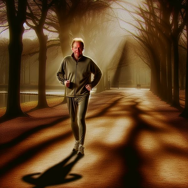 Joggen in het park bij zonsopgang Een man joggt in een park tijdens het ochtendgloren, omringd door natuur.