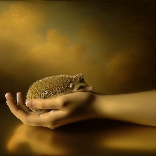 Johannes Vermeer-stijl afbeelding van een egel zittend in een open hand
