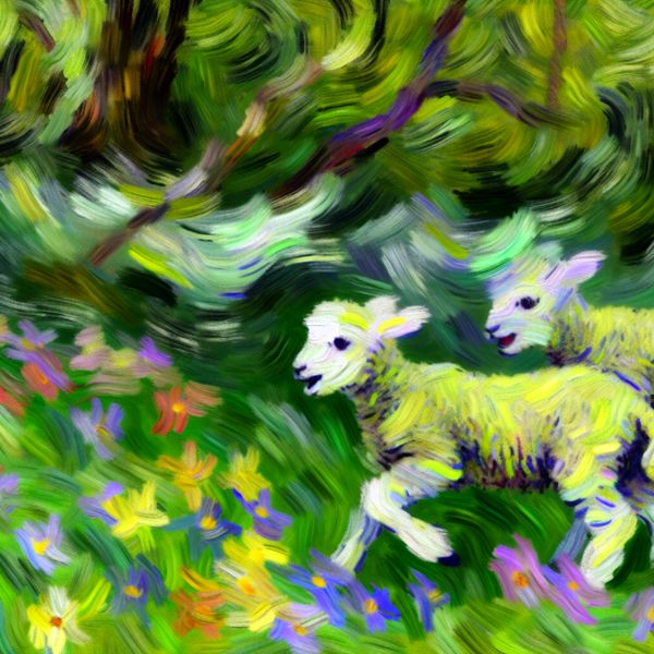 Vrolijke lam volgt moeder in een groene wei Een jonge lam die vrolijk zijn moeder volgt in een groene wei vol wilde bloemen.