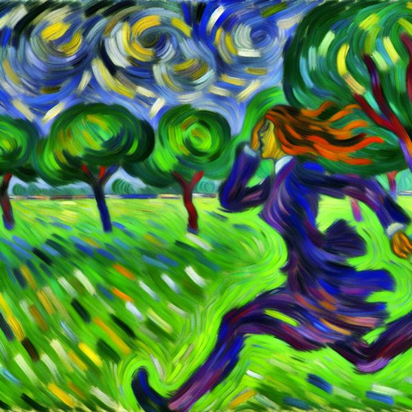 Jong meisje rent snel door een levendig park met abstracte bomen en een tumultueuze lucht