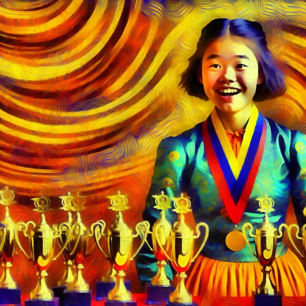 Jong meisje met trofeeën - succes op jonge leeftijd Een jonge tienermeisje met een zelfverzekerde en blije uitdrukking, naast een verzameling trofeeën die haar prestaties symboliseren.
