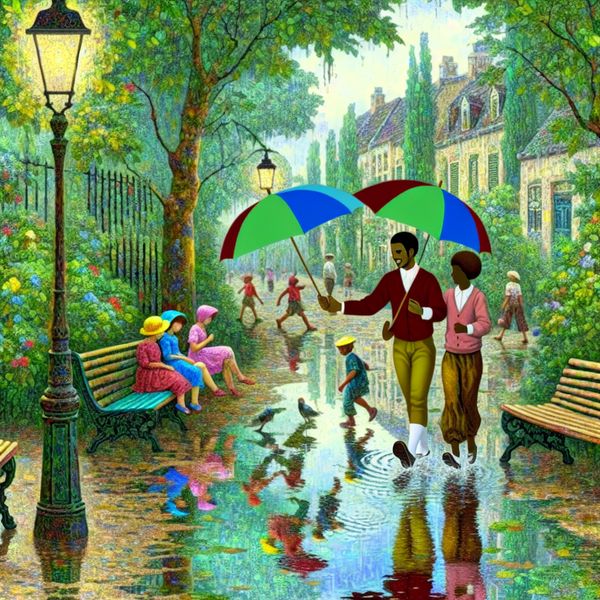 Jong stel in de regen met kleurrijke paraplu's in park Een jong stel wandelt hand in hand door een levendig park in de regen met kleurrijke paraplu's.