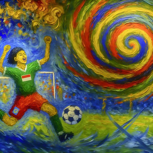 Abstract schilderij van een jonge voetballer in dynamische beweging, omgeven door kleurrijke penseelstreken die hoop en toekomstig succes symboliseren, in de stijl van Karel Appel