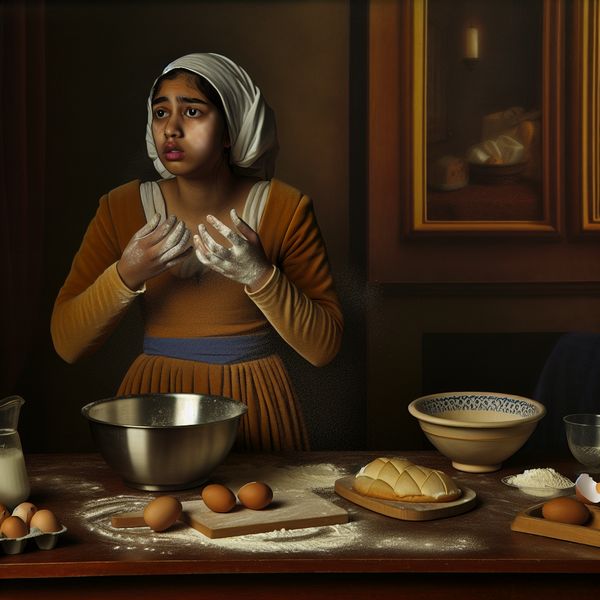 Jonge vrouw worstelt met bakken in een serene keuken Een jonge vrouw in een verlichte keuken worstelt met het bakken van een cake, omringd door baksels met een verwarde uitstraling.