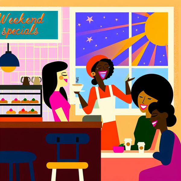 Vibrante illustratie van een jonge vrouw die koffie en gebak serveert in een klein café, met blije klanten.
