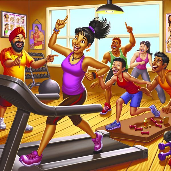Vrolijke vrouw engageert zich in fitness activiteiten Een jonge vrouw in een kleurrijke sportschool die energiek verschillende oefeningen doet, omringd door vrienden en een trainer.