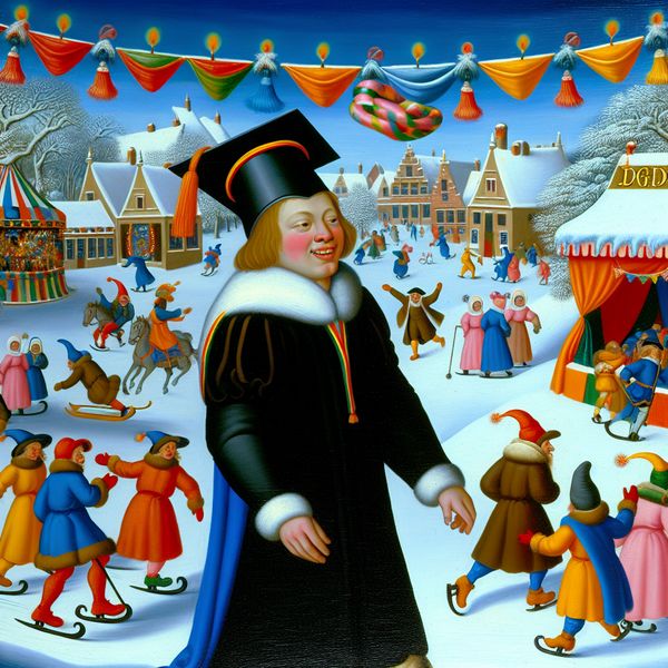 Jonge afgestudeerde met een afstudeerhoed en toga in een winterlandschap, omringd door vrienden en familie, met kleurrijke feestversieringen en mensen die zich vermaken op het ijs.