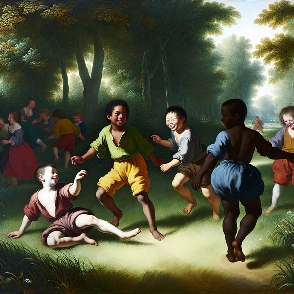 Een jonge jongen speelt buiten in een zonnig park met vrienden, omringd door groen gras en bomen in een speelse setting.