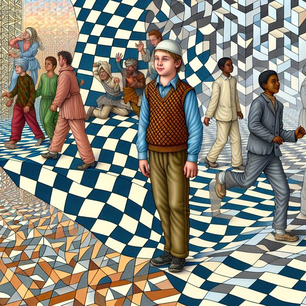Jonge jongen in surrealistische omgeving - Illustratie Illustratie van een jonge jongen in eenvoudige kleding, omringd door andere spelende jongens, met een surrealistische achtergrond van geometrische patronen in de stijl van M.C. Escher.