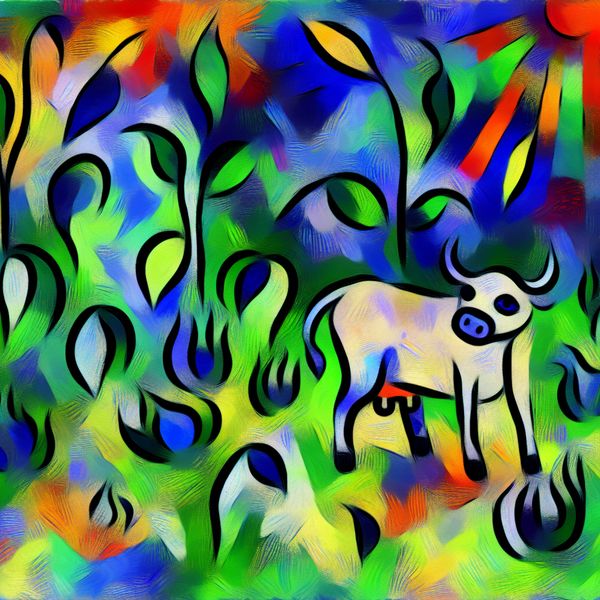 Speels kalf in kleurrijke planten - Karel Appel stijl Speelse jonge kalf omringd door kleurrijke planten in een abstracte zomerse landschap