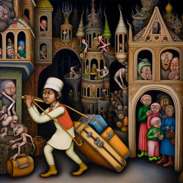 Surrealistisch hotel met knaap en koffers Een jonge knaap draagt zware koffers voor gasten in een surrealistisch hotel aangedreven door fantasie.