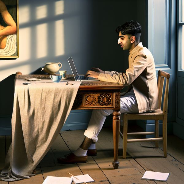 Een jonge man zit aan een houten bureau met een laptop, koffie en notities, in een sfeervolle en productieve omgeving.