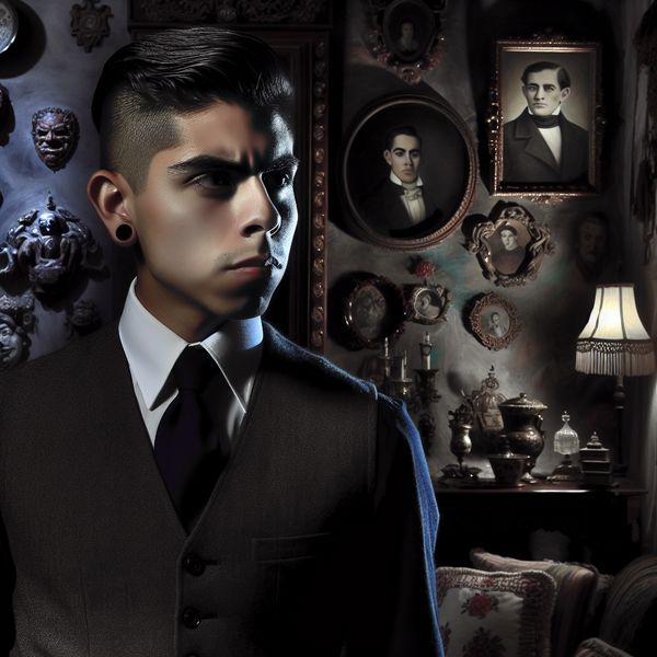 Portret van een jonge man in een elegante kamer, met een zelfverzekerde uitstraling en een achtergrond van retro decoraties.