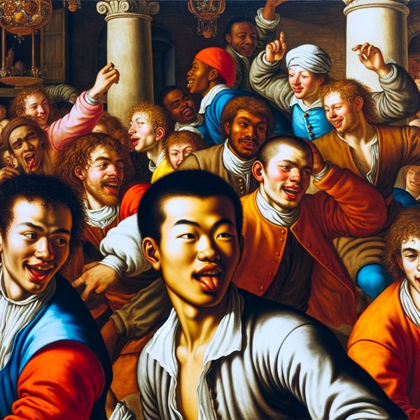 Een jonge man in een levendige sociale setting, omringd door diverse vrienden, die vrolijk met elkaar communiceren tijdens een feestelijke clubactiviteit.