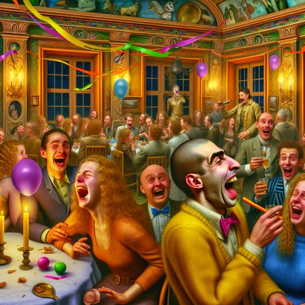 Luid gassende man veroorzaakt gelach op feest Een jongeman die luid gassert, omringd door een lachende en schaterende groep feestgangers in een kleurrijke feestzaal.