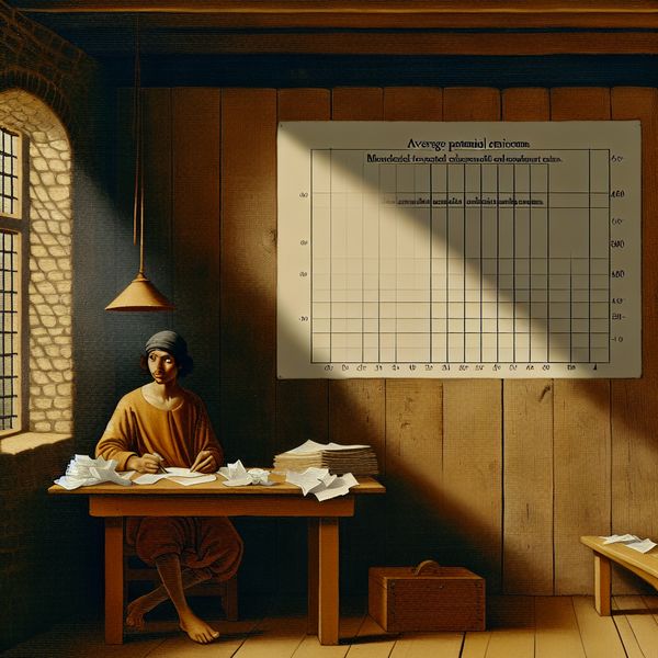 Gemiddeld inkomen en potentieel in een serene Vermeer-stijl Jonge man met een vragende blik aan een bureau, omringd door papieren en een lamp, met een grafic van inkomensniveaus op de muur erachter.
