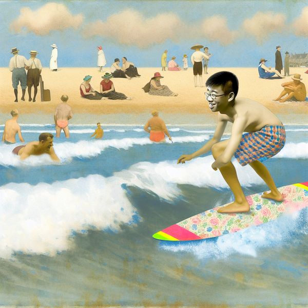 Jonge man leert surfen op het strand Jonge man leert surfen op een kleurrijk surfboard op een zonnige dag aan het strand, omringd door golven.