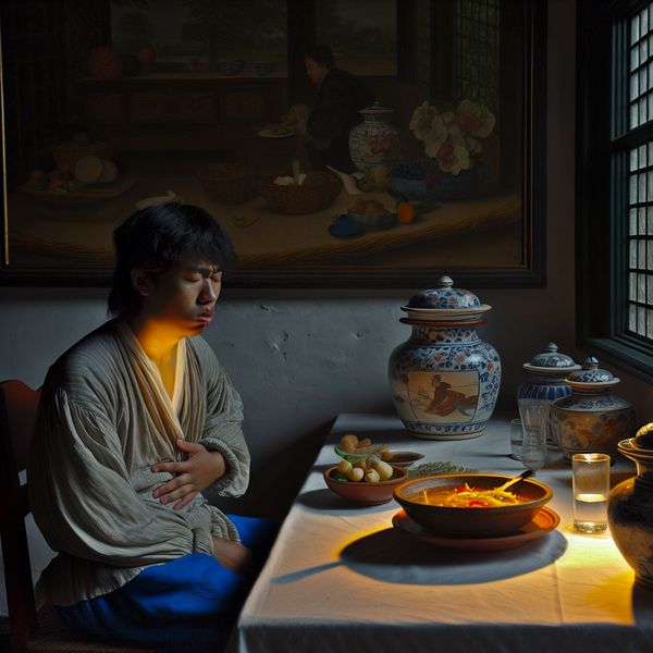 Mannen met Maagklachten na Pittig Eten Jonge man zit aan de dinertafel met een ongemakkelijke uitdrukking na het eten van pittig voedsel, omringd door traditionele Nederlandse keramiek.