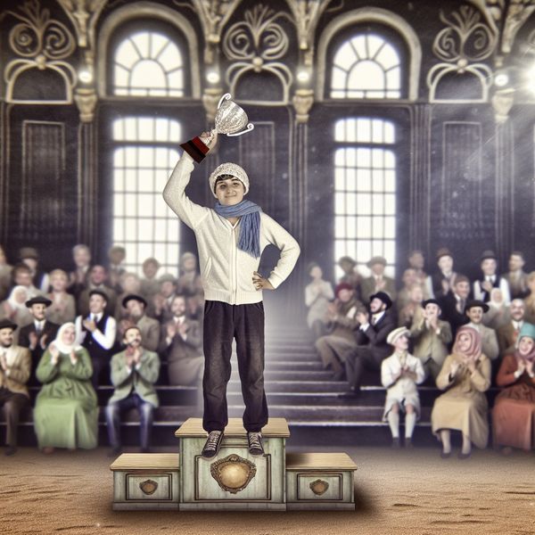 Jonge man op een podium met een trofee in zijn handen, omringd door een juichend publiek in vintage 1920-kleding.
