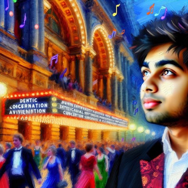 Jonge man voor concertgebouw met wens om te gaan Jonge man met opgetogen blik voor een concertgebouw met een helder marquee