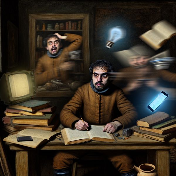 Jonge man verliest focus aan bureau vol chaos Jonge man die verloren in gedachten zit aan een rommelig bureau, omringd door boeken en papieren, met een frustrerende en afwezige uitdrukking.