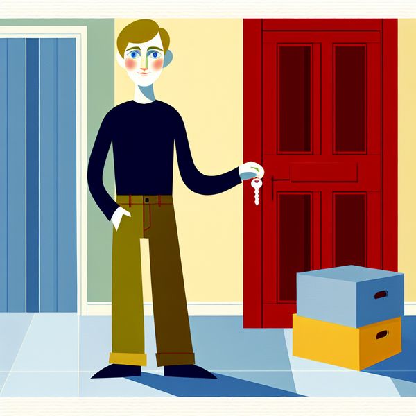 Volwassen worden: zelfstandigheid en nieuwe levensfase in heldere illustratie Minimalistische illustratie van een jonge man die zelfverzekerd voor zijn appartement staat met een sleutel, symboliserend volwassenheid en onafhankelijkheid