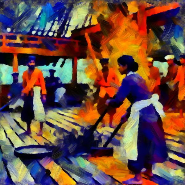 Jonge matroos schrobt dek: rangorde op schip in abstract expressionisme Abstract expressionistische voorstelling van een jonge matroos die het dek schrobt, met dynamische penseelstreken en levendige kleuren die de rangorde op een schip benadrukken