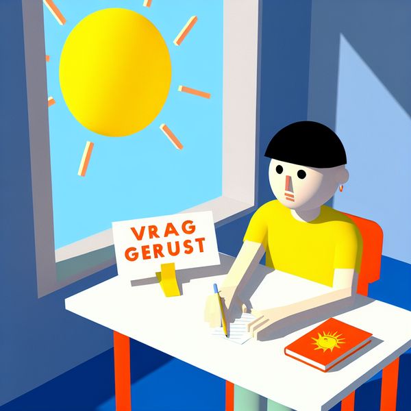 Jongere Reflecteert Vrij over Vraagstelling Een jonge persoon zit aan een tafel, met een contemplatieve blik en een papier en pen voor zich. Er staat een bordje 'Vraag gerust!' op de tafel en buiten de raam schijnt de zon.