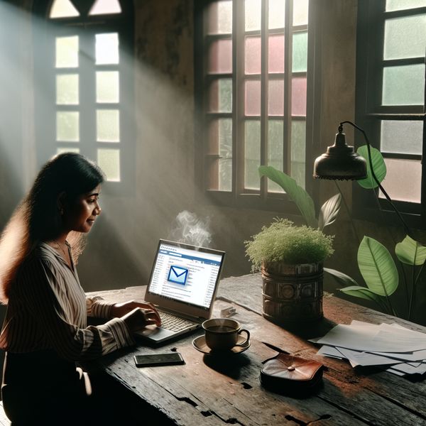 Professioneel e-mailen in een serene werkomgeving Een jonge professional die aan een rustiek houten bureau zit met een vintage laptop en een kopje koffie.