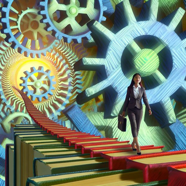 Surrealistisch beeld van een jonge professional aan het begin van zijn loopbaan Een jonge professional in een pak die op een pad van gestileerde boeken en gereedschappen stapt, met een enorme tandwielstructuur op de achtergrond en surrealistische elementen.