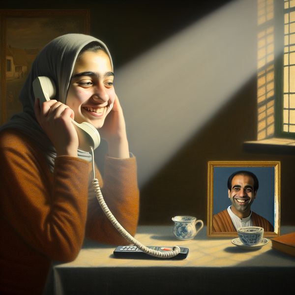 Jonge vrouw aan de telefoon, uitstraling van verlichting terwijl ze met een vriendelijke operator spreekt