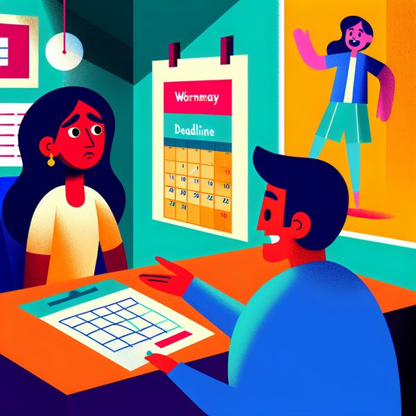 Een jonge vrouw met een bezorgde uitdrukking aan een bureau in een eenvoudige, lichte kamer, kijkt naar een groot kalender met deadlines. Een gezellige dokter geeft advies bij een kleurrijk poster die fysieke activiteit aanmoedigt.