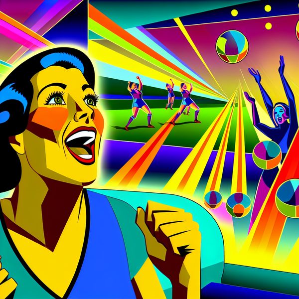 Vrouw in retro-futuristische setting schreeuwt van blijdschap Jonge vrouw in retro-futuristische setting schreeuwend van blijdschap na een sportoverwinning.
