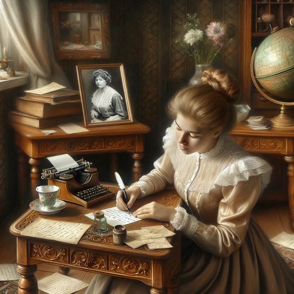 Een jonge vrouw schrijft een brief met een vulpen aan een sierlijk houten bureau, omringd door vintage items