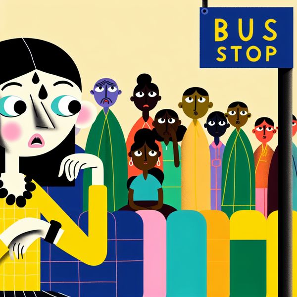 Jonge vrouw op druk busstation voelt ongemak Een jonge vrouw zit ongemakkelijk en gefrustreerd op een druk busstation, terwijl ze op haar horloge kijkt.