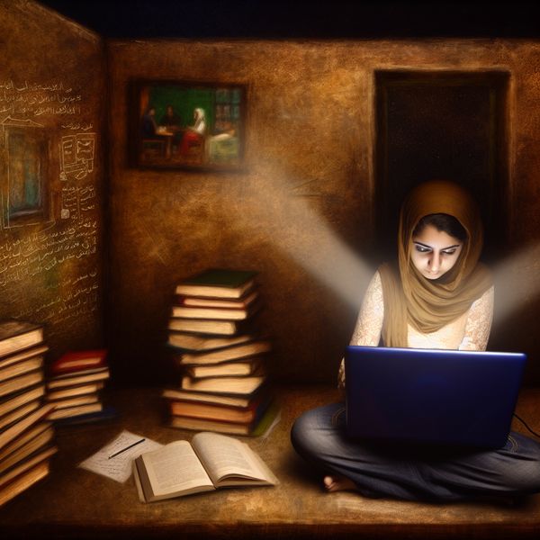 Jonge vrouw in een sfeervol verlichte kamer die zich concentreert op haar laptop, omringd door boeken en aantekeningen.