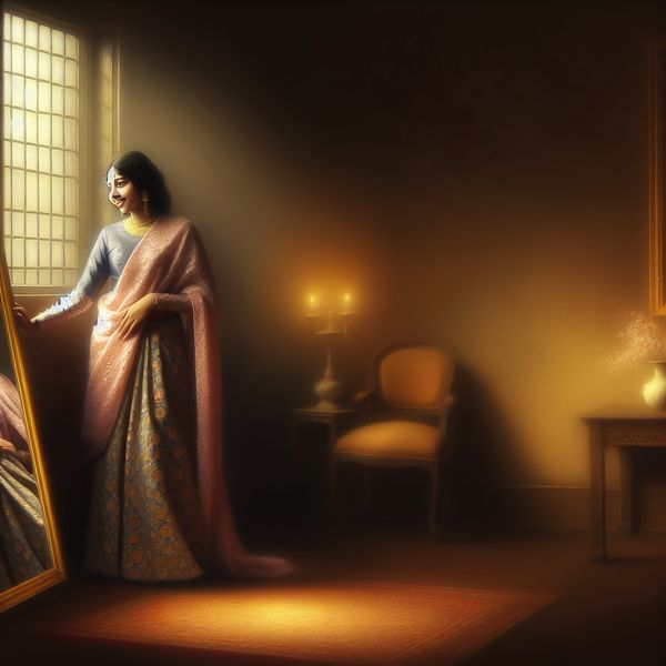 Jonge vrouw in een elegante jurk kijkt in de spiegel met een glimlach in een stijlvol verlichte kamer.