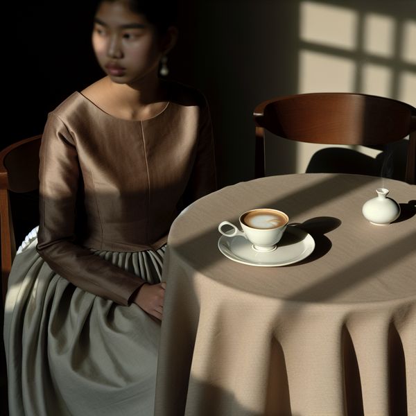 Elegante vrouw met koffie in een café Jonge vrouw alleen aan een elegant gedekte tafel in een café met een enkele kop koffie.